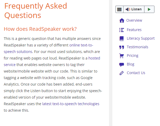 Listen button near tools close to the content